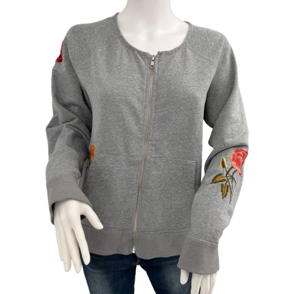 DRIFTWOOD Small Zip Up Hoodie Heathered Gray Floral Butterfly Embroidered Teddy - Picture 2 of 15